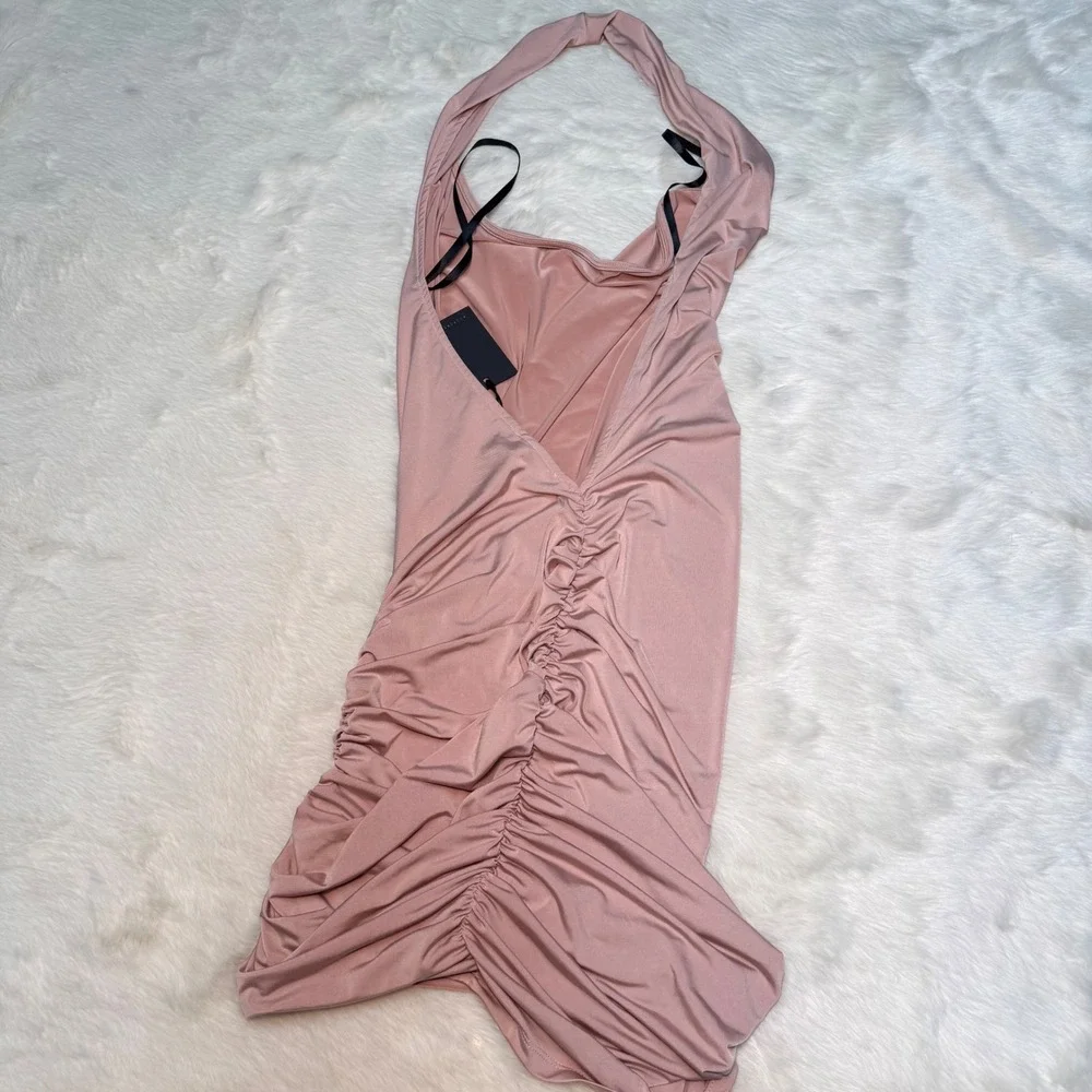 NWT Michael Costello x REVOLVE Pink Ruched Halter Mini Dress Open Back XXS